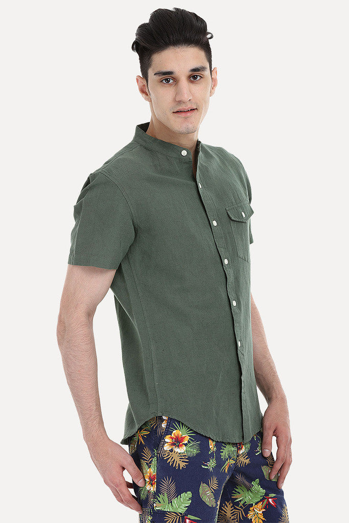 Short Sleeve Band-Collar Linen/Cotton Shirt