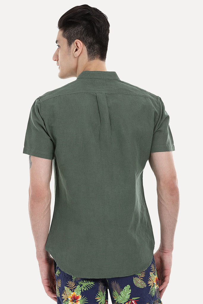Short Sleeve Band-Collar Linen/Cotton Shirt