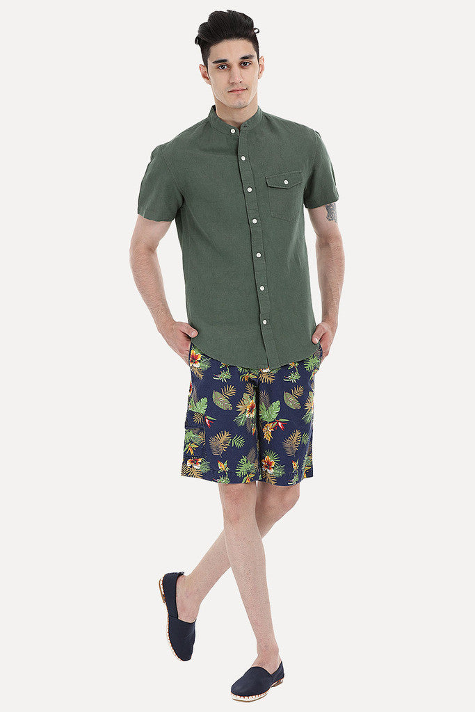 Short Sleeve Band-Collar Linen/Cotton Shirt