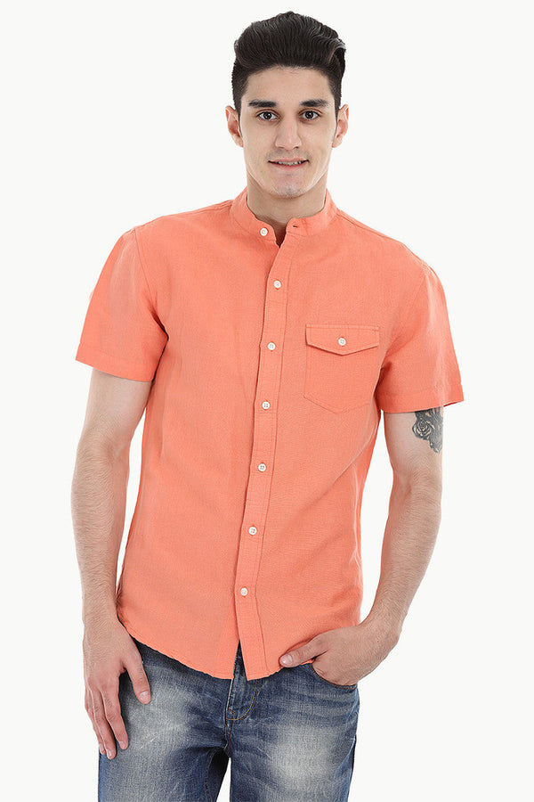 Short Sleeve Band-Collar Linen/Cotton Shirt