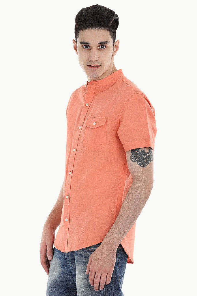 Short Sleeve Band-Collar Linen/Cotton Shirt