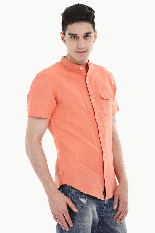 Short Sleeve Band-Collar Linen/Cotton Shirt