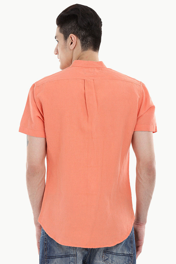 Short Sleeve Band-Collar Linen/Cotton Shirt