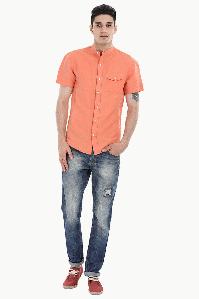Short Sleeve Band-Collar Linen/Cotton Shirt