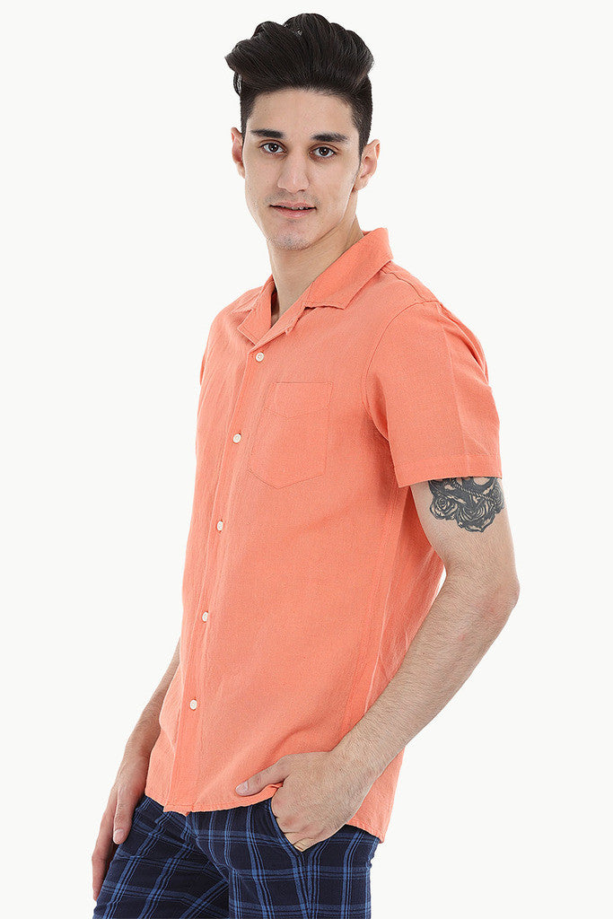 Short-Sleeve Camp-Collar Linen/Cotton Shirt