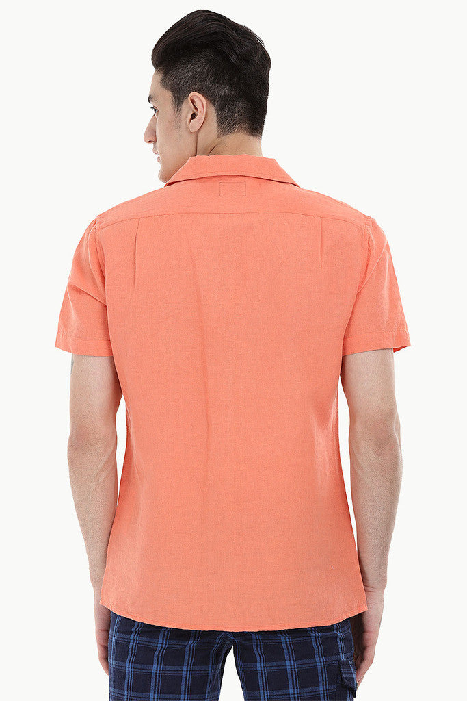 Short-Sleeve Camp-Collar Linen/Cotton Shirt