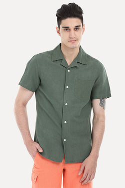 Short-Sleeve Camp-Collar Linen/Cotton Shirt