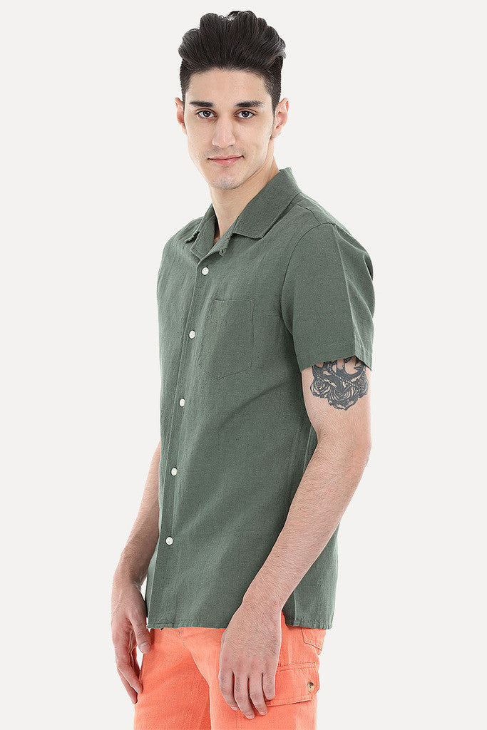 Short-Sleeve Camp-Collar Linen/Cotton Shirt