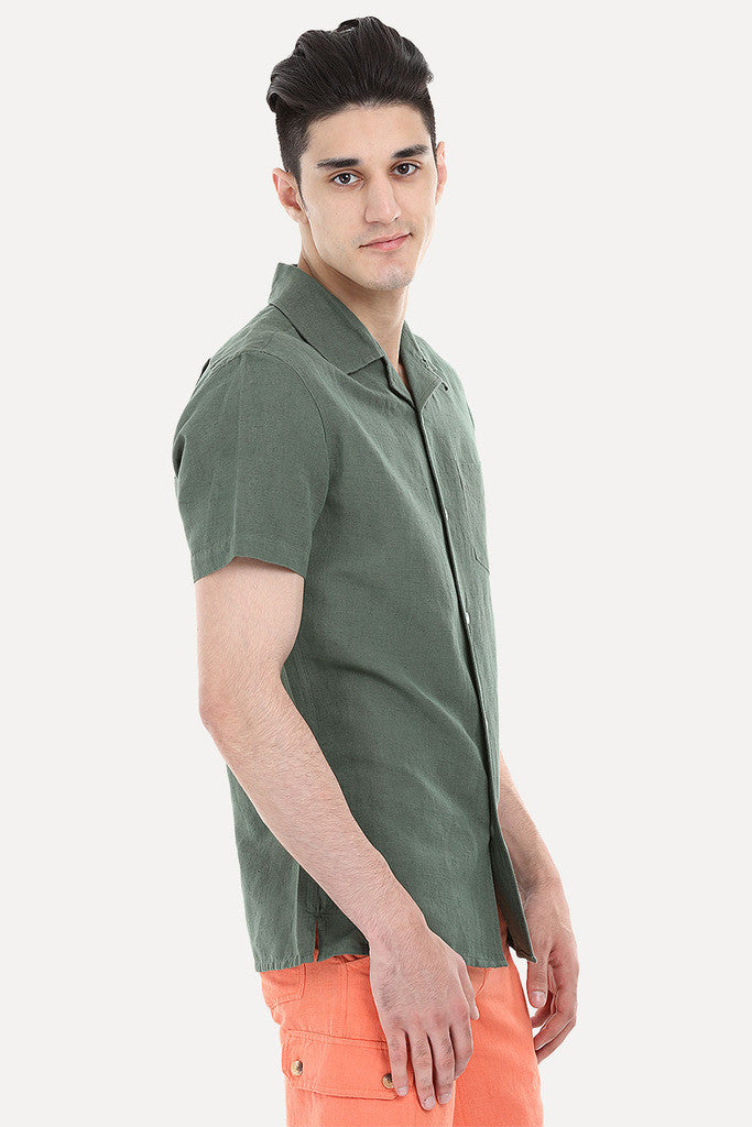 Short-Sleeve Camp-Collar Linen/Cotton Shirt