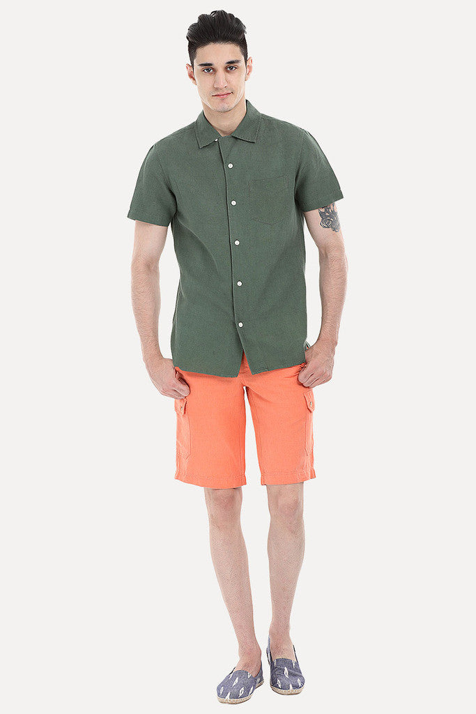 Short-Sleeve Camp-Collar Linen/Cotton Shirt