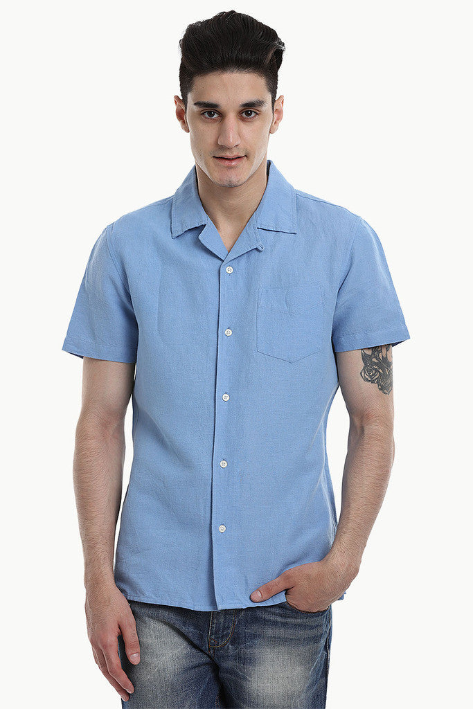 Short-Sleeve Camp-Collar Linen/Cotton Shirt