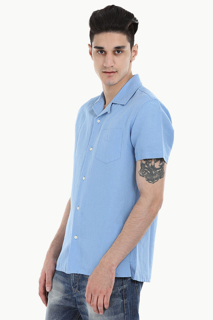 Short-Sleeve Camp-Collar Linen/Cotton Shirt