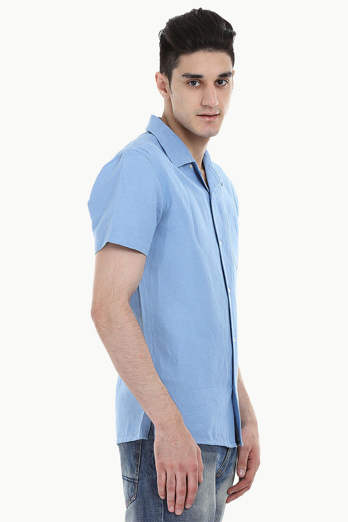 Short-Sleeve Camp-Collar Linen/Cotton Shirt