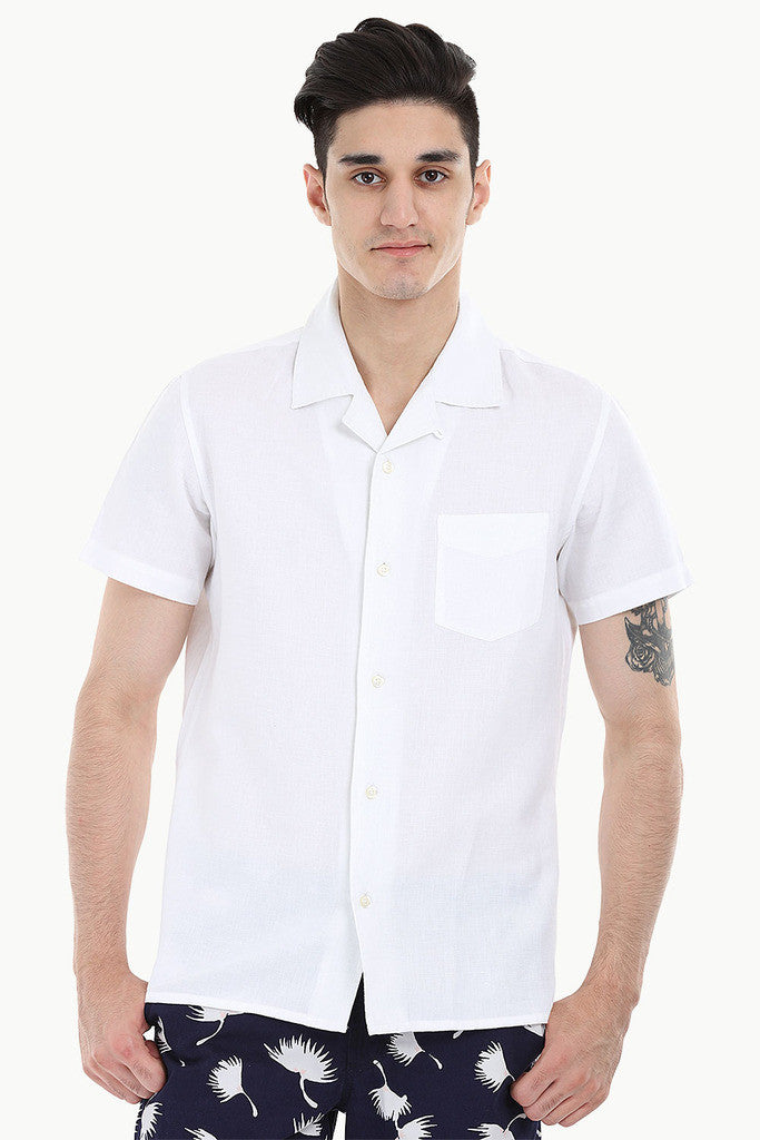 Short-Sleeve Camp-Collar Linen/Cotton Shirt