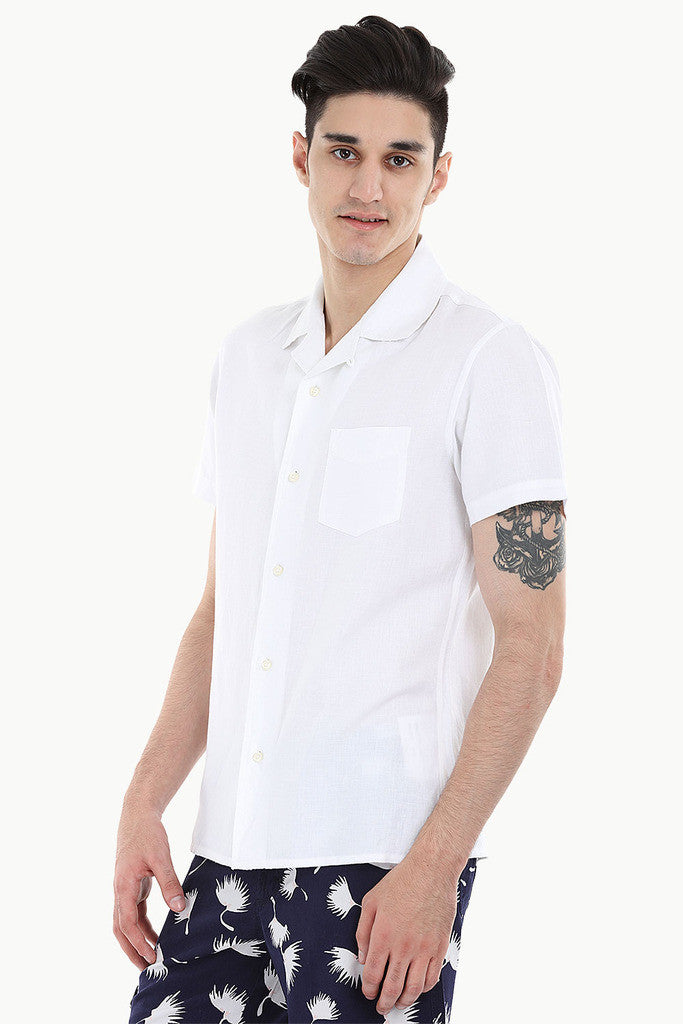 Short-Sleeve Camp-Collar Linen/Cotton Shirt