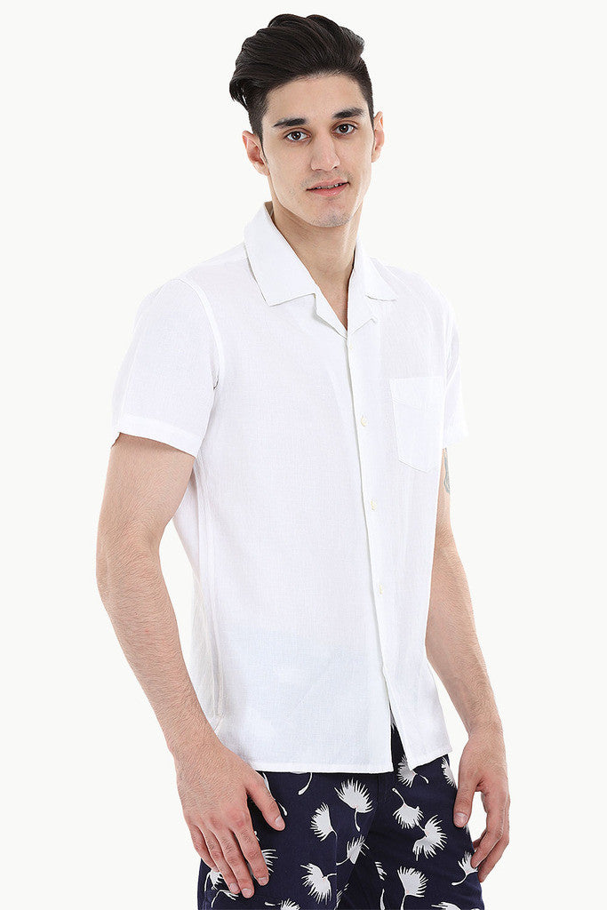 Short-Sleeve Camp-Collar Linen/Cotton Shirt