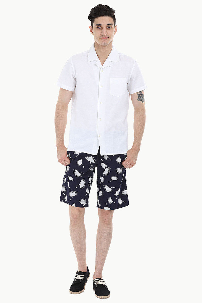 Short-Sleeve Camp-Collar Linen/Cotton Shirt