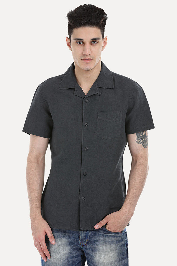 Short-Sleeve Camp-Collar Linen/Cotton Shirt