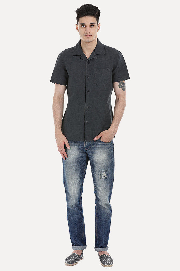 Short-Sleeve Camp-Collar Linen/Cotton Shirt
