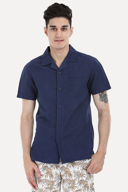 Short-Sleeve Camp-Collar Linen/Cotton Shirt