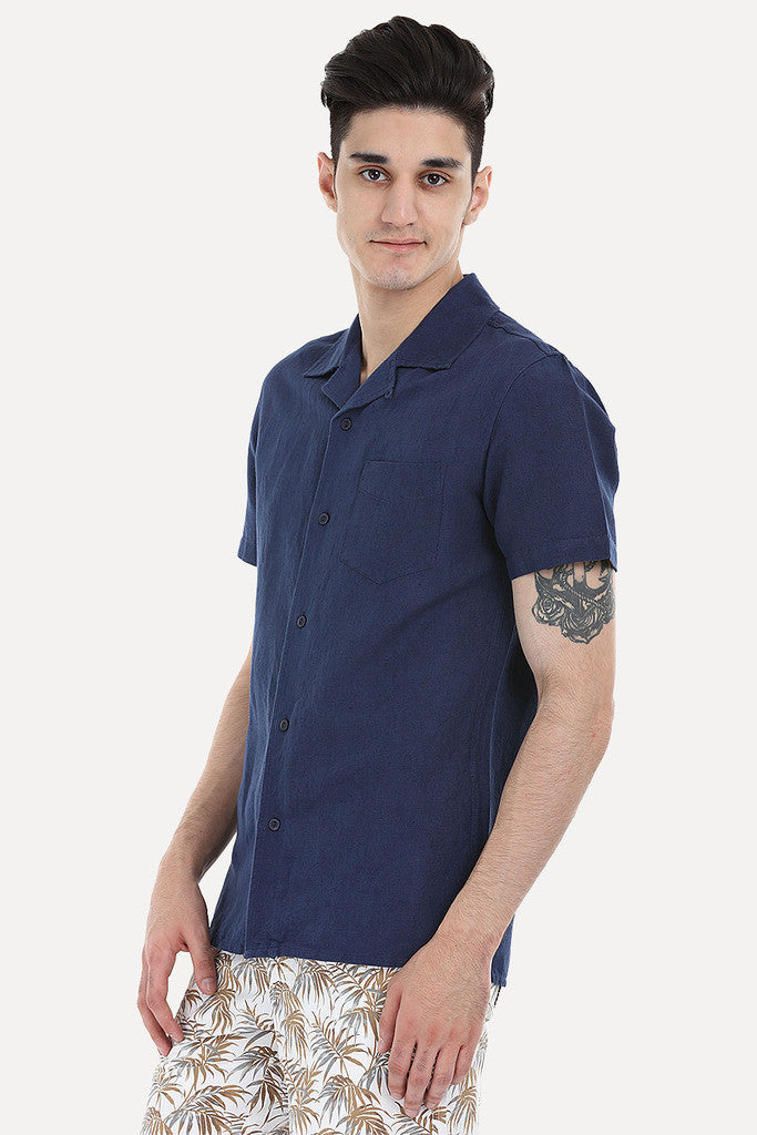 Short-Sleeve Camp-Collar Linen/Cotton Shirt