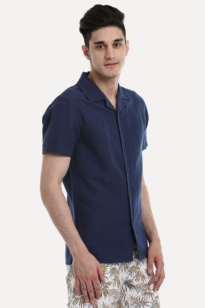 Short-Sleeve Camp-Collar Linen/Cotton Shirt