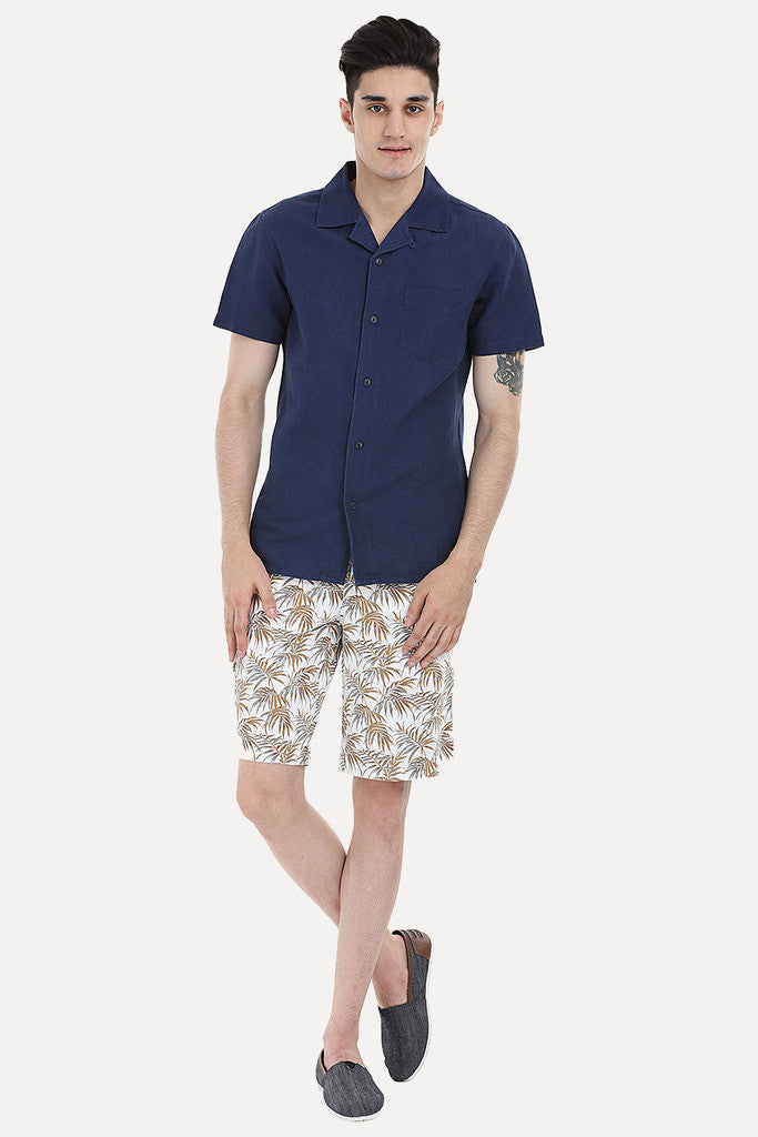 Short-Sleeve Camp-Collar Linen/Cotton Shirt