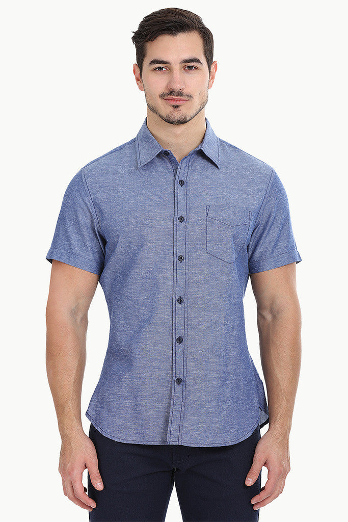 Solid Chambray Linen Short Sleeve Shirt