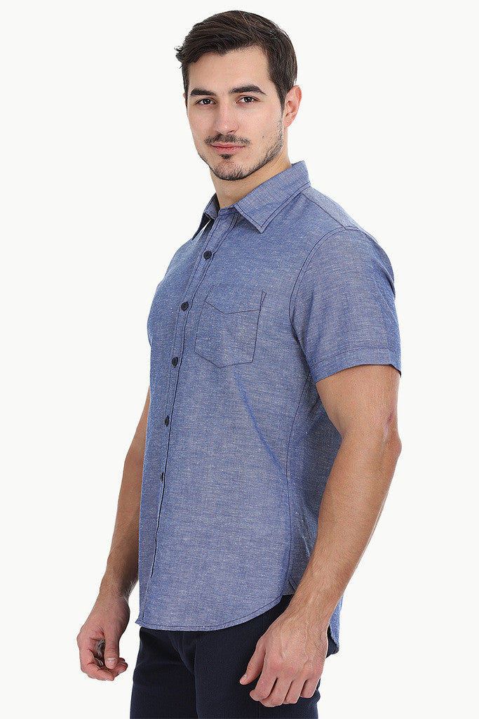 Solid Chambray Linen Short Sleeve Shirt