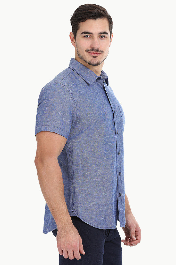 Solid Chambray Linen Short Sleeve Shirt