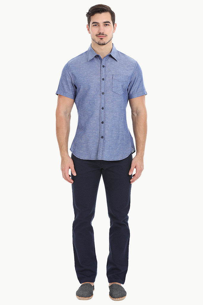 Solid Chambray Linen Short Sleeve Shirt