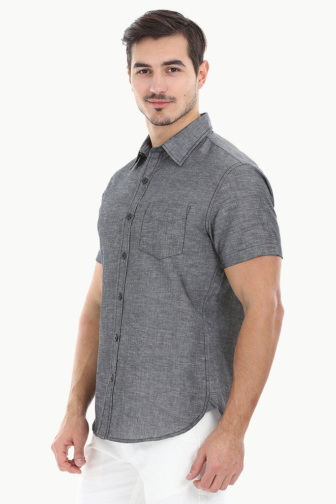 Solid Chambray Linen Short Sleeve Shirt