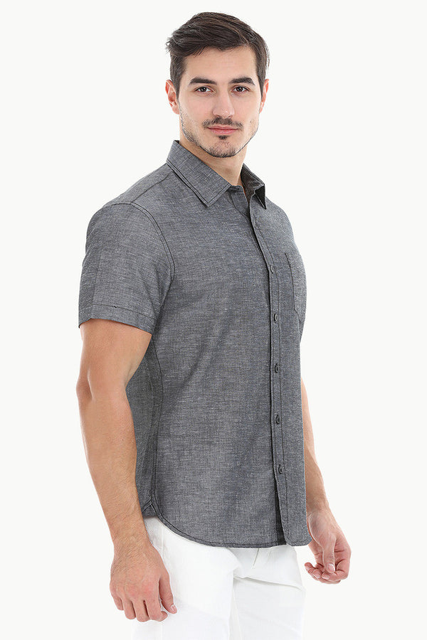 Solid Chambray Linen Short Sleeve Shirt