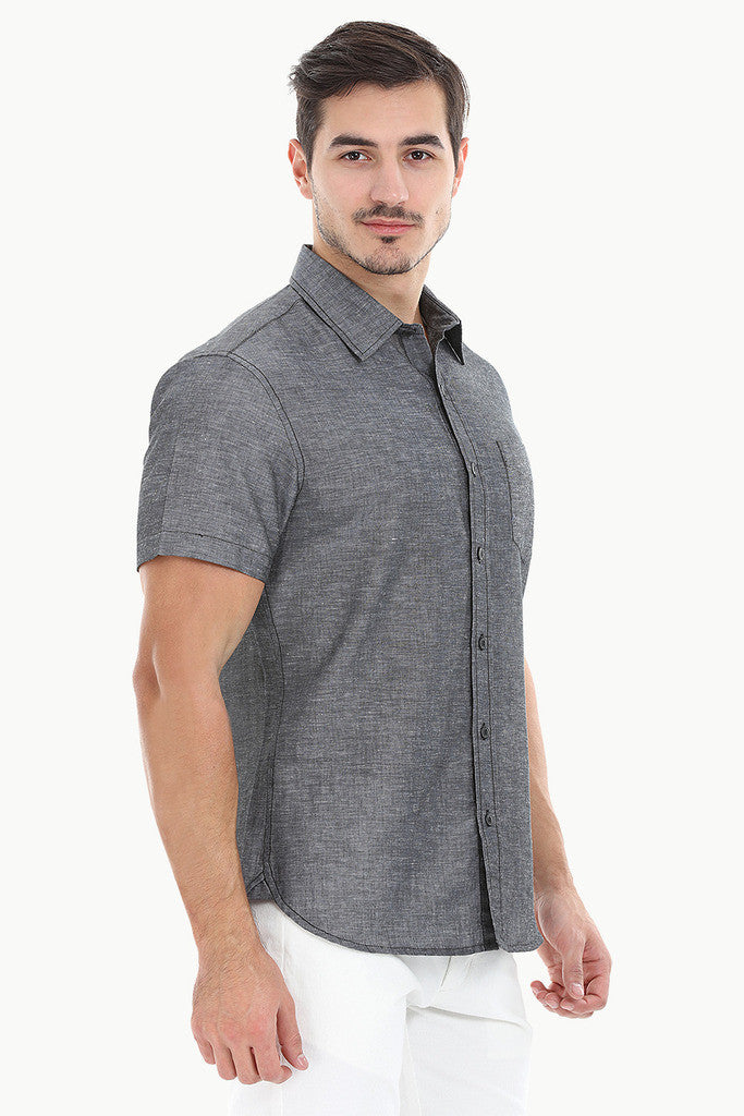 Solid Chambray Linen Short Sleeve Shirt
