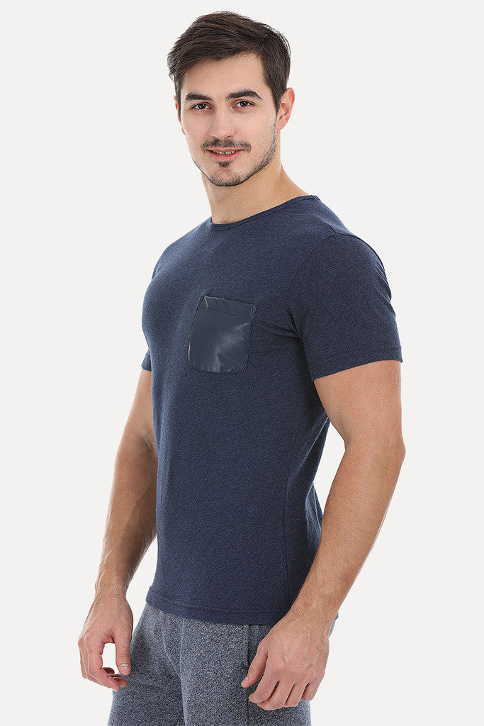 Solid Cotton Tee With Faux Leather Pocket