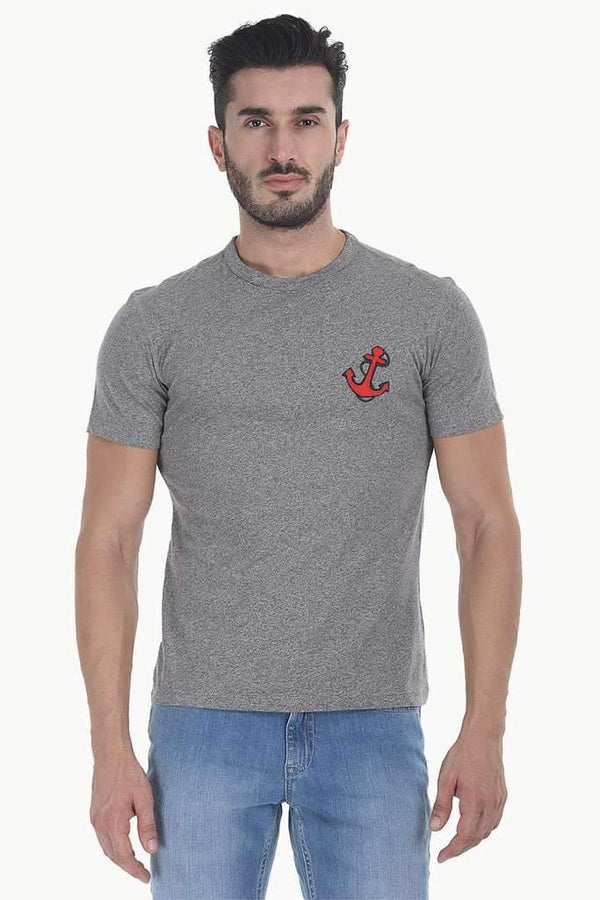 Solid Heather Crew Neck With Embroidery