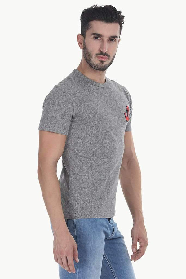 Solid Heather Crew Neck With Embroidery