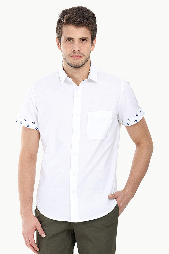 Solid Oxford Woven Short Sleeve With Ikat Detail