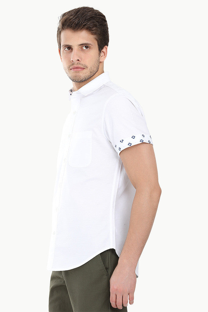 Solid Oxford Woven Short Sleeve With Ikat Detail