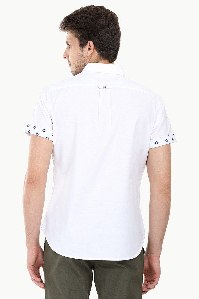 Solid Oxford Woven Short Sleeve With Ikat Detail