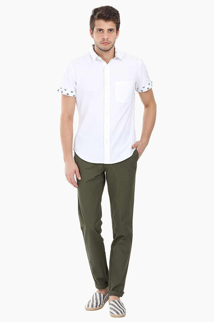 Solid Oxford Woven Short Sleeve With Ikat Detail