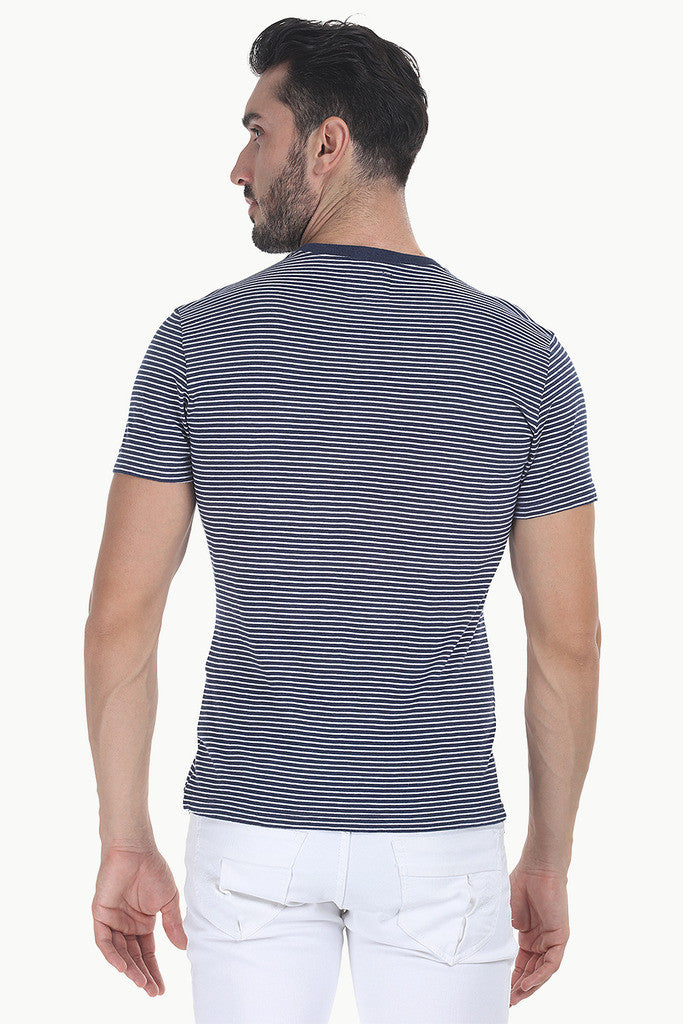 Striped Cotton Melange Knit V Neck Tee