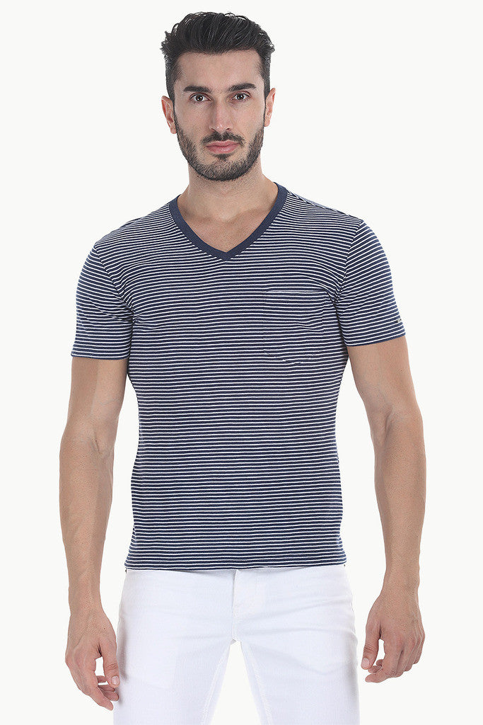 Striped Cotton Melange Knit V Neck Tee