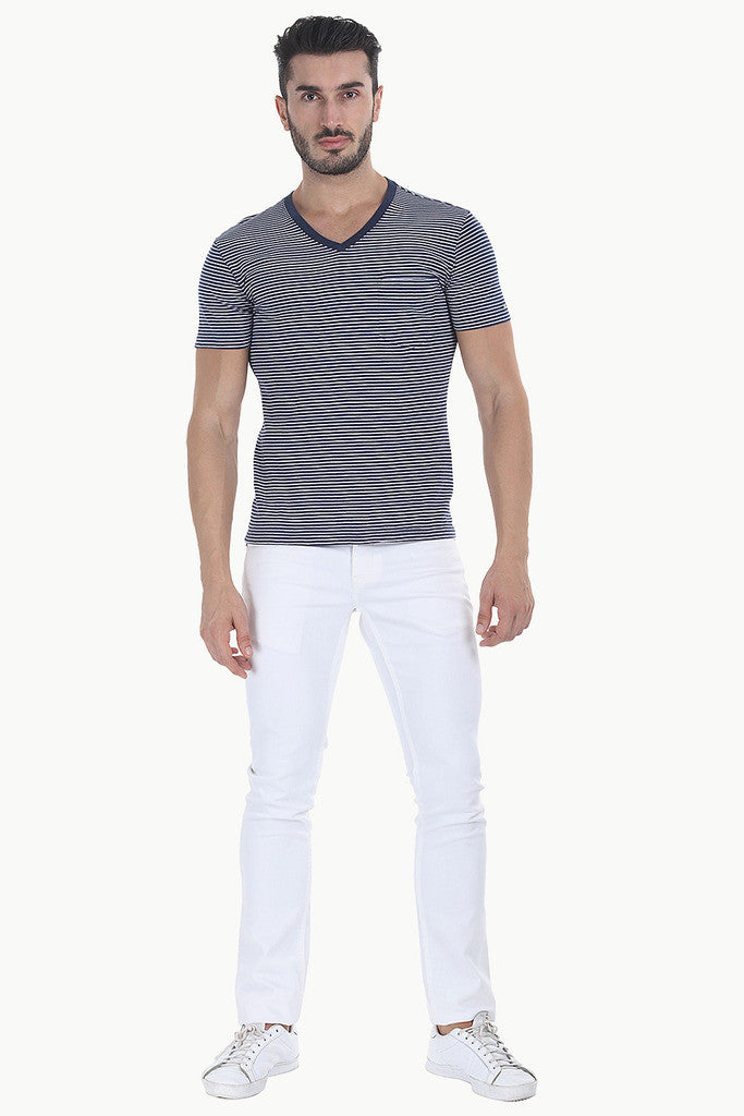 Striped Cotton Melange Knit V Neck Tee