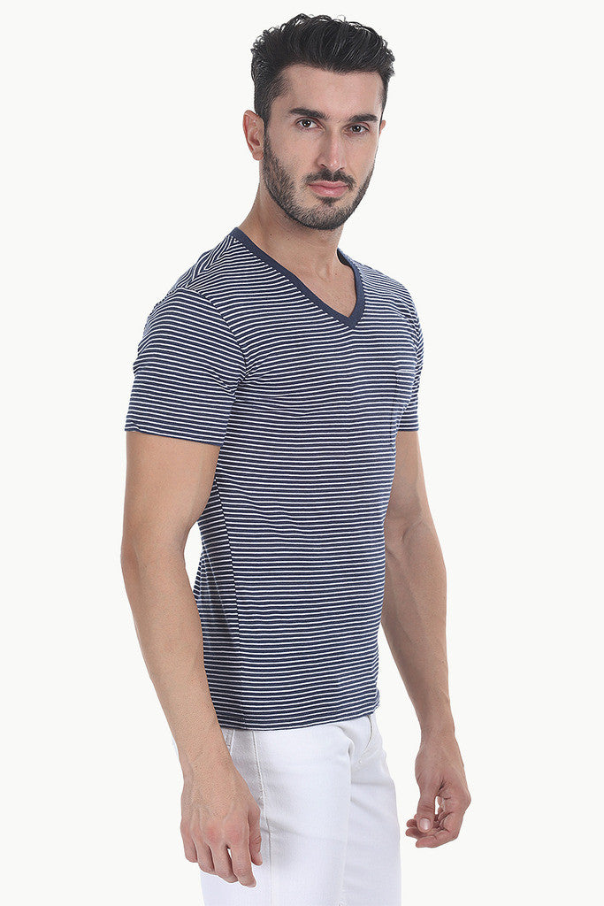 Striped Cotton Melange Knit V Neck Tee