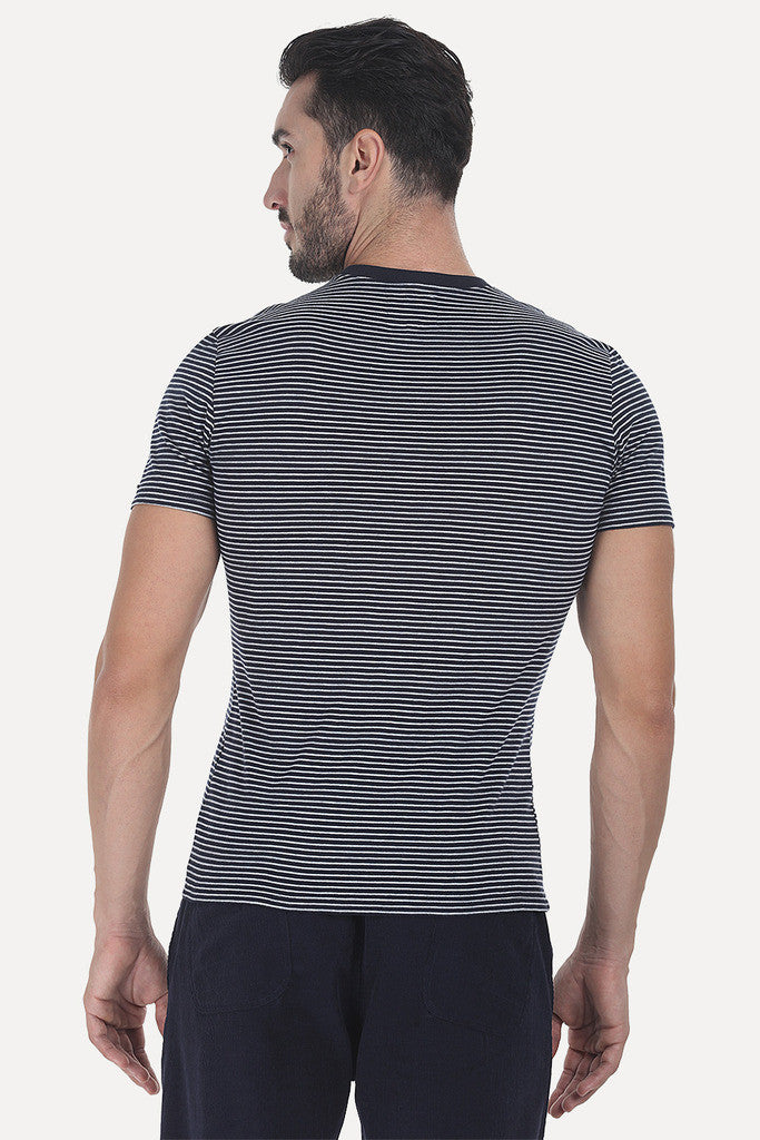 Striped Cotton Melange Knit V Neck Tee