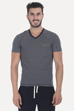 Striped Cotton Melange Knit V Neck Tee