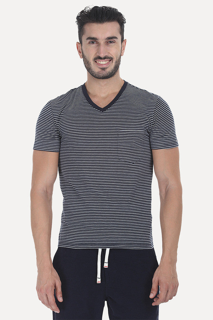 Striped Cotton Melange Knit V Neck Tee