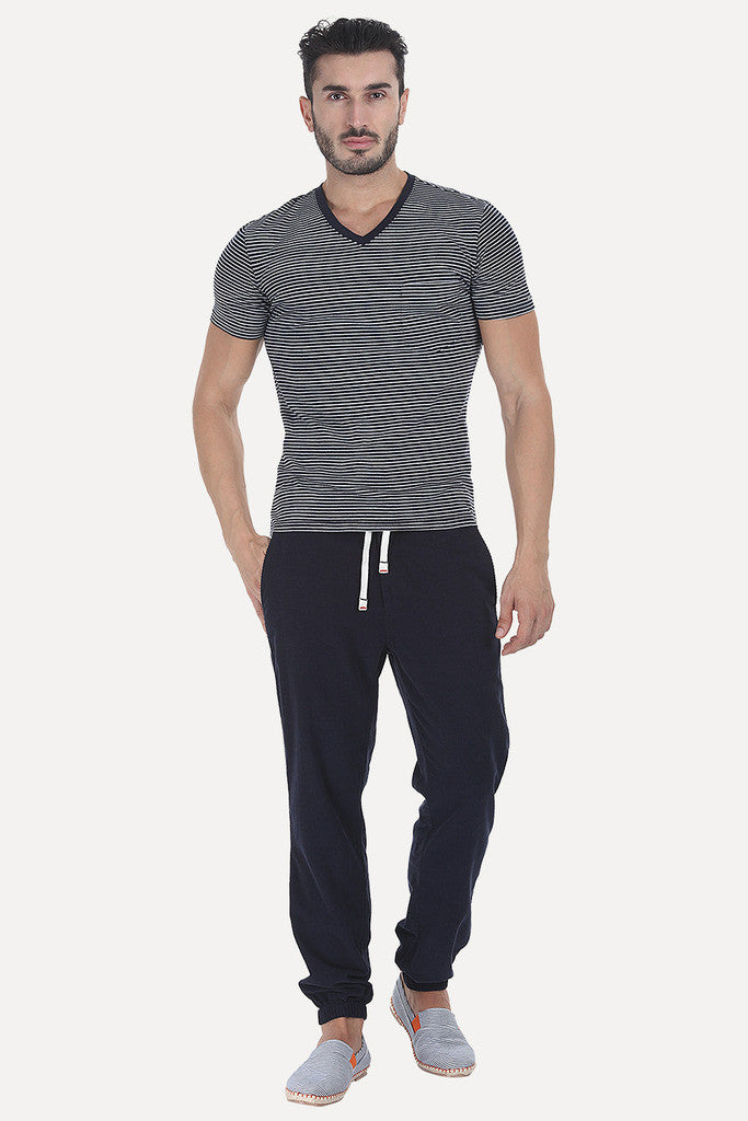 Striped Cotton Melange Knit V Neck Tee
