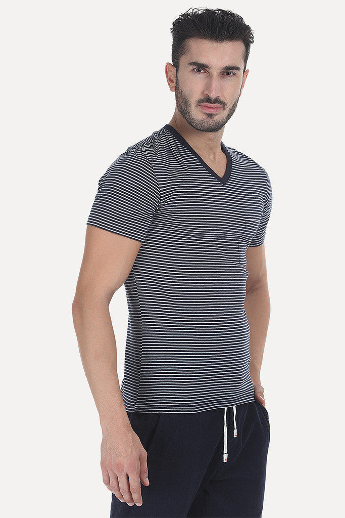 Striped Cotton Melange Knit V Neck Tee